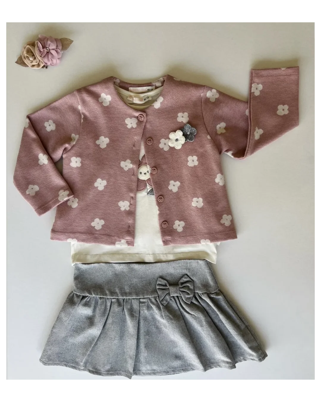 Ensemble Fille trois pièces en coton, cardigan imprimé fleurs.