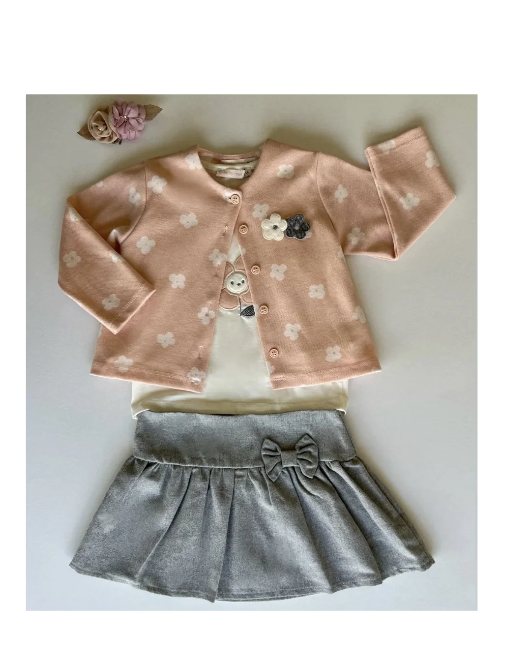 Ensemble Fille trois pièces en coton, cardigan imprimé fleurs.