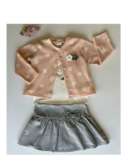 Ensemble Fille trois pièces en coton, cardigan imprimé fleurs.