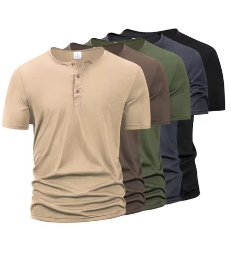 تي شيرت رجالي صيفي بياقة هنلي وأزرار، تي شيرت رجالي كاجوال ضيق بأكمام قصيرة، لون سادة، تي شيرت رياضي، تي شيرت بولو