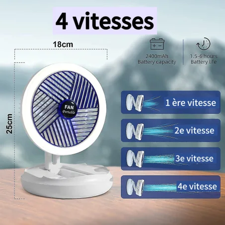 Ventilateur portable , USB avec lumières LED, multifonctionnel pliable à suspendre au mur, mini ventilateur rechargeable 2 en 1 avec 4 vitesses