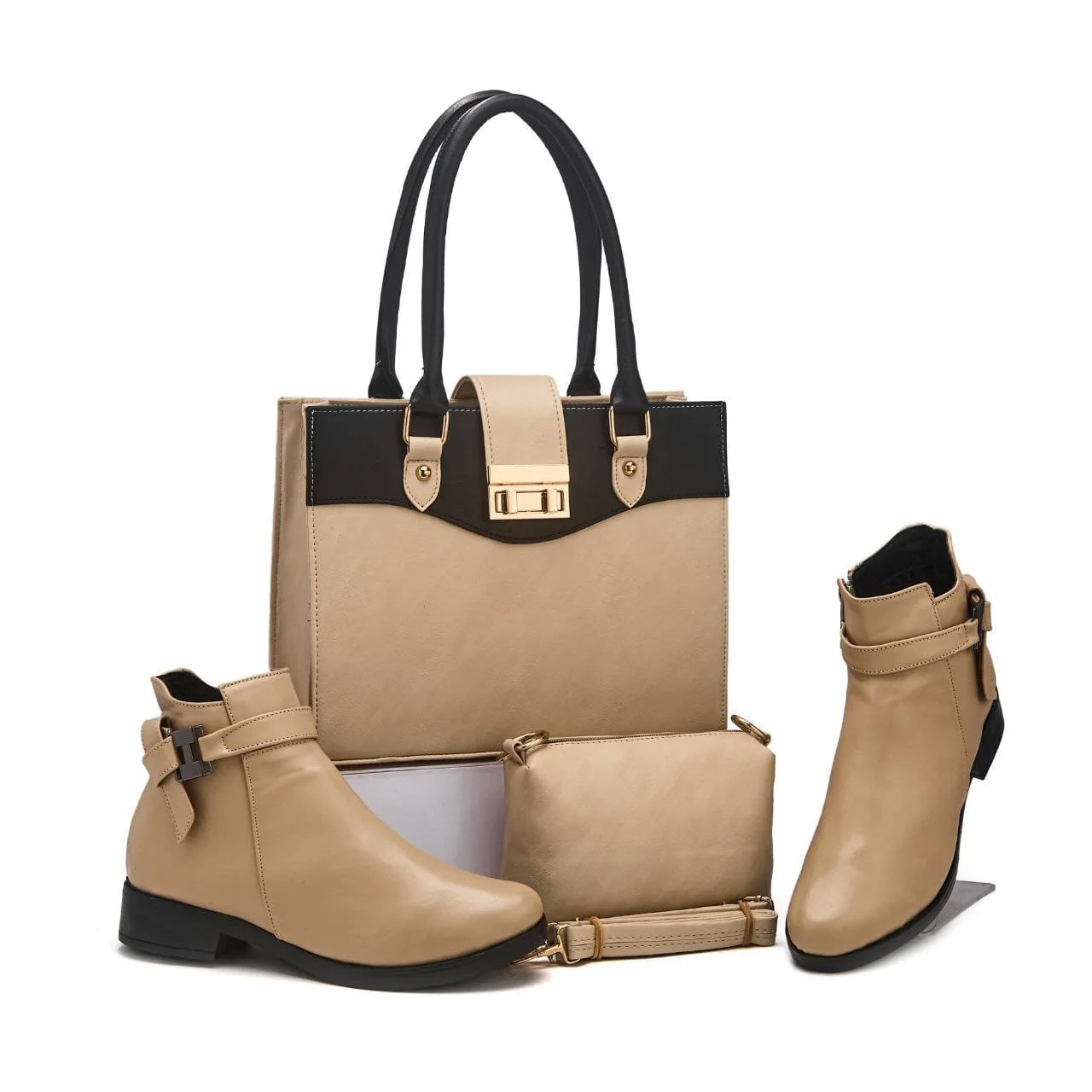 طقم نسائي أنيق: حقيبة يد + حقيبة كتف + حذاء بوت