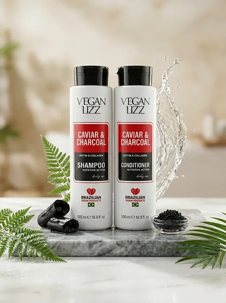 vegan lizz caviar and charcoal shampoo + conditioner