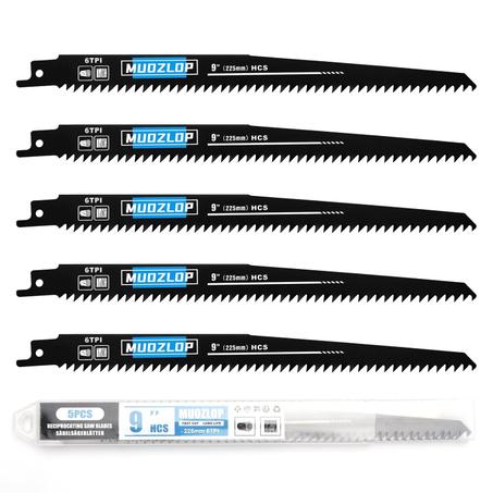 Juego de 5 hojas de sierra recíproca de 9 pulgadas, 6 hojas de sierra de alto carbono TPI, hojas de sierra para cortar madera con estuche organizador (5, 6TPI/8.858 in)