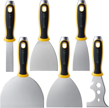 VOOMEY Juego de cuchillos de masilla, cuchillos para paneles de yeso, 6 herramientas raspadoras de pintura de acero inoxidable 420, raspador de metal, utilizado para renovar paredes viejas, a