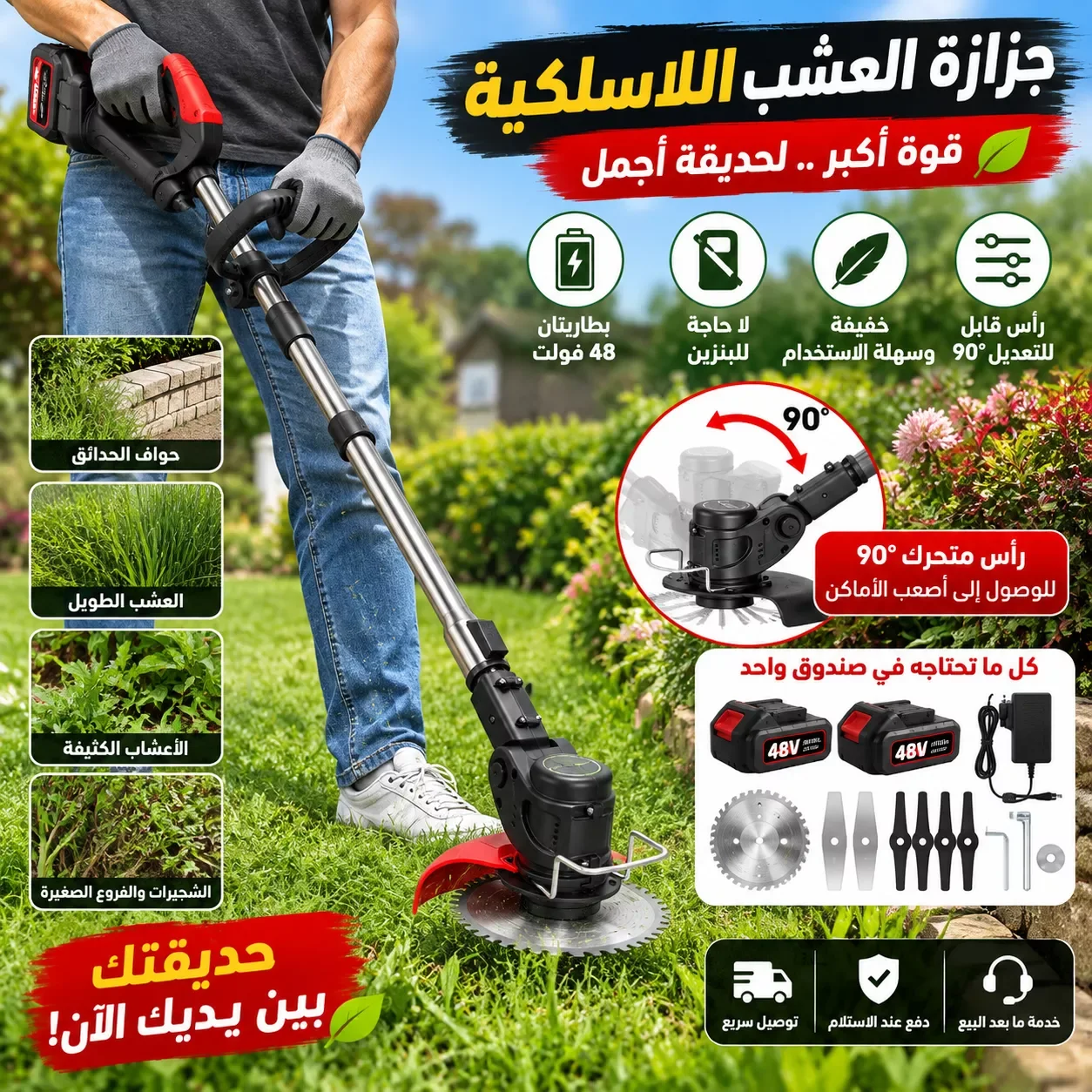 🌿 آلة جز وقطع العشب اللاسلكية مع 2 بطاريات 48V