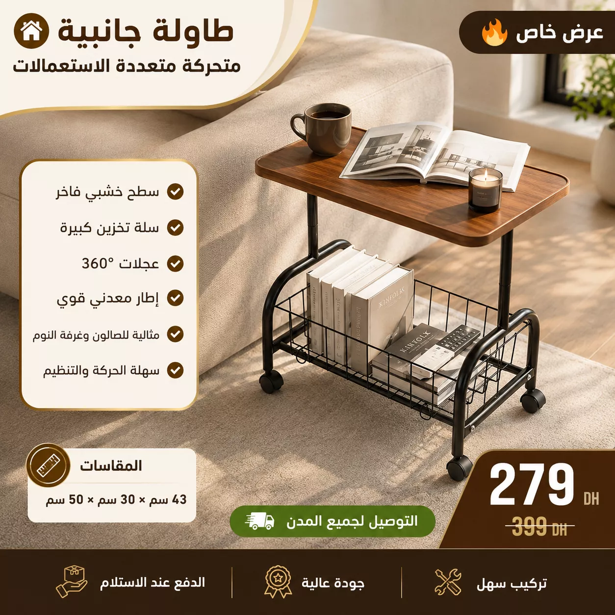 طاولة جانبية متحركة متعددة الاستعمالات مع رف تخزين وعجلات