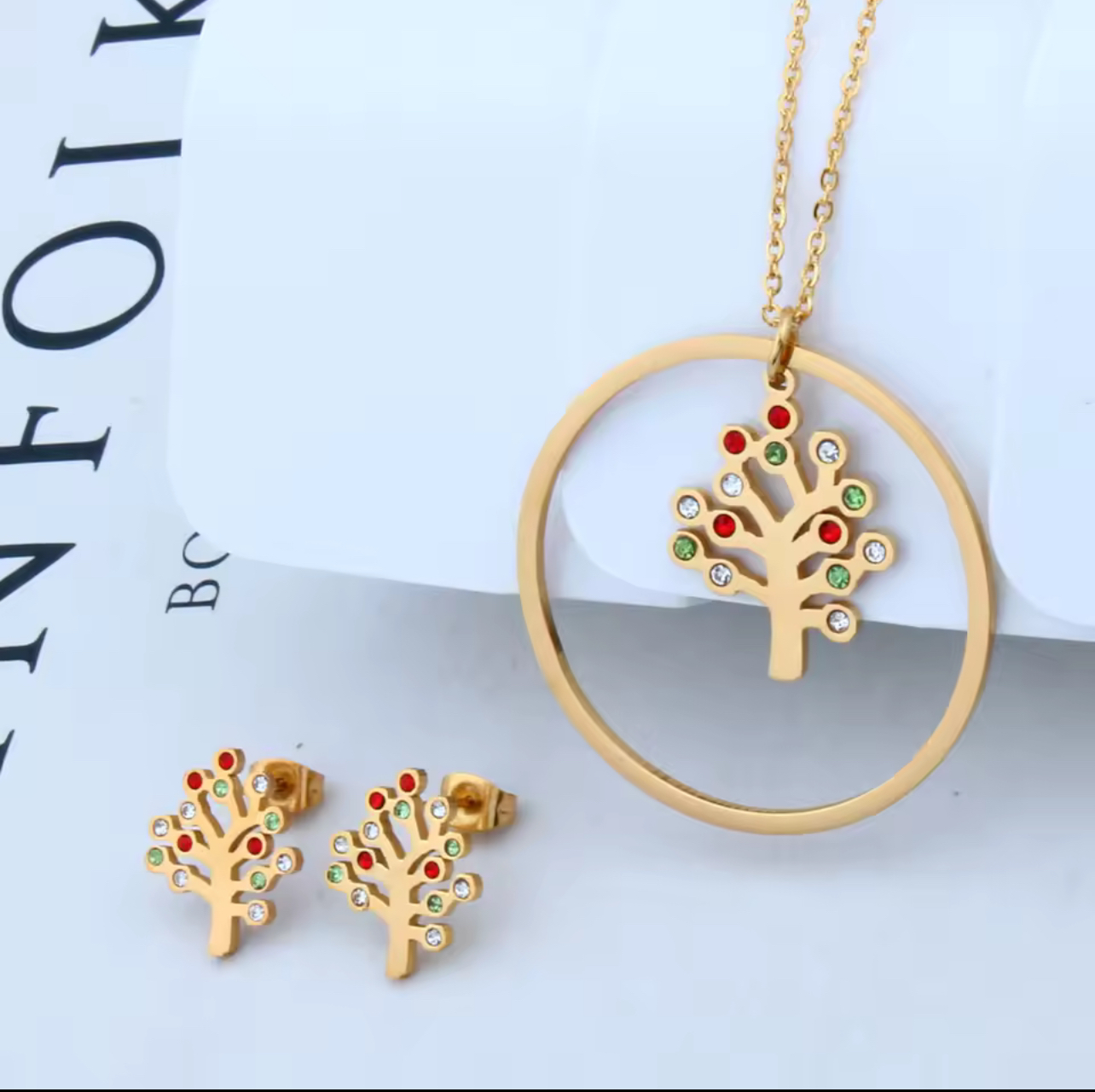 Collier Arbre de vie complet avec boucles d'oreilles pour femmes en Acier Inoxydable
