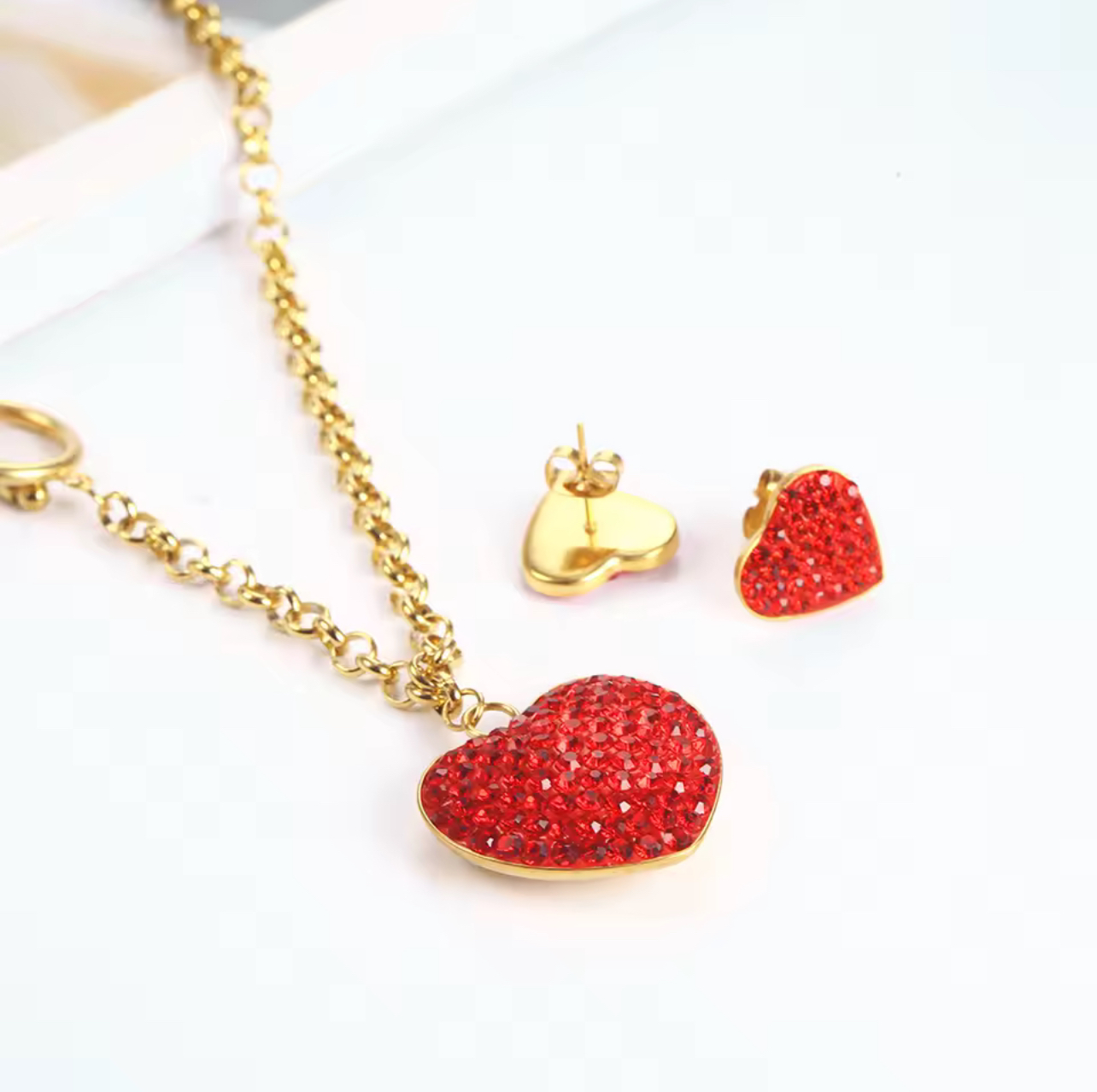 Ensemble de collier de cœur rouge avec boucles d'oreilles pour femmes en Acier Inoxydable