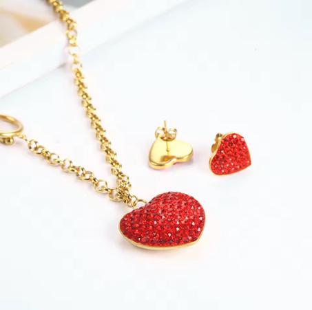 Ensemble de collier de cœur rouge avec boucles d'oreilles pour femmes en Acier Inoxydable