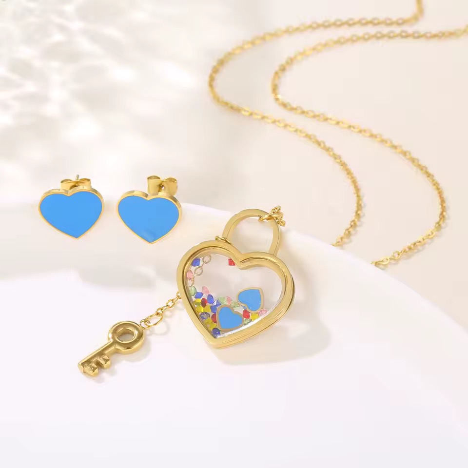 Ensemble de collier en coeur avec boucles d'oreilles pour femmes en Acier Inoxydable