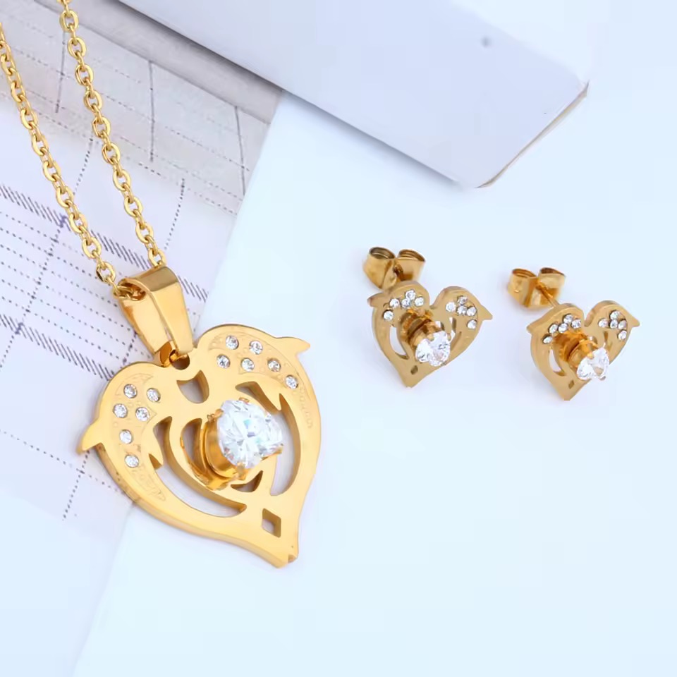 Ensemble de collier avec boucles d'oreilles pour femmes en Acier Inoxydable