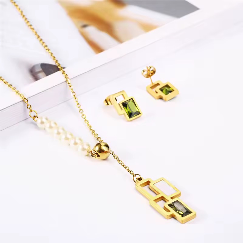 Ensemble collier vert et boucles d'oreilles en Acier Inoxydable pour femmes