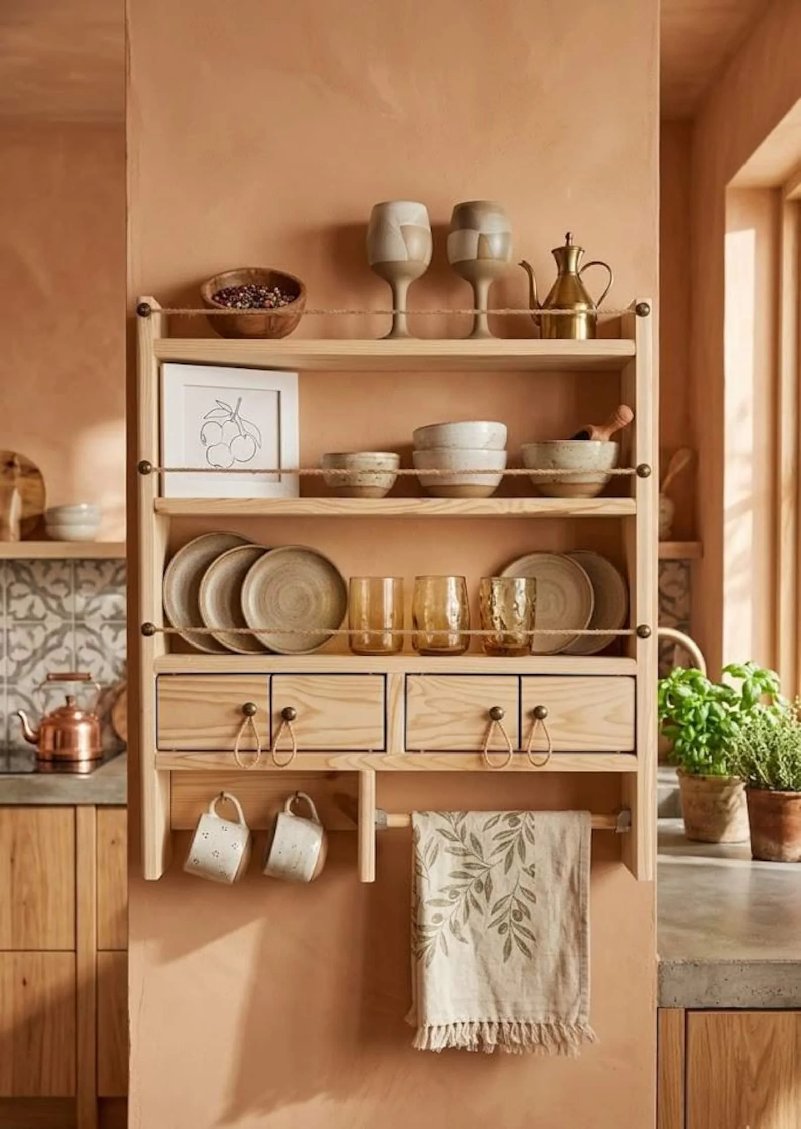 Farmhouse Spice Rack Wall Shelf with Drawers & Mug Holder