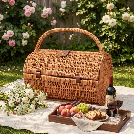 Handwoven Wicker Picnic Basket – Rustic Natural Storage Basket