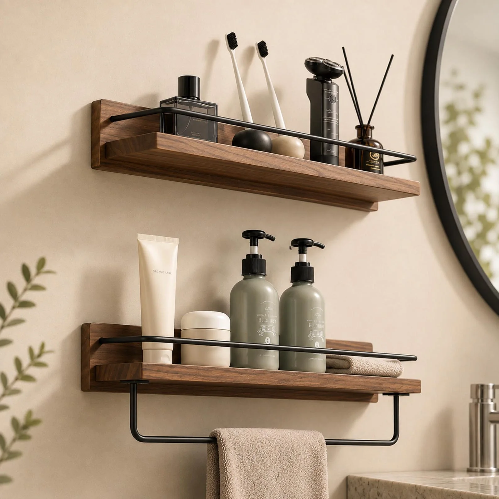 Walnut & Beech Wall-Mounted Shelf with Towel Bar