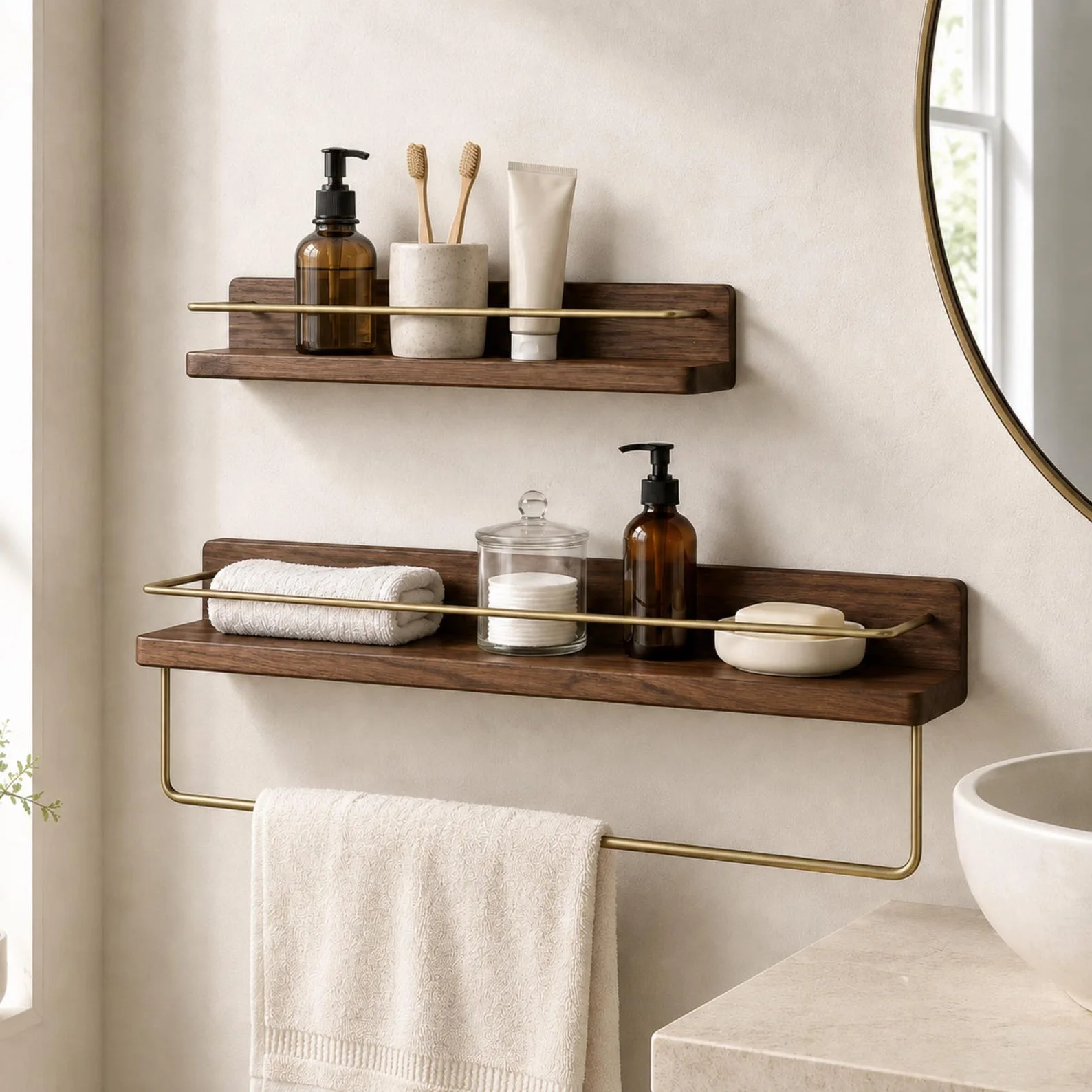 Walnut & Beech Wall-Mounted Shelf with Towel Bar