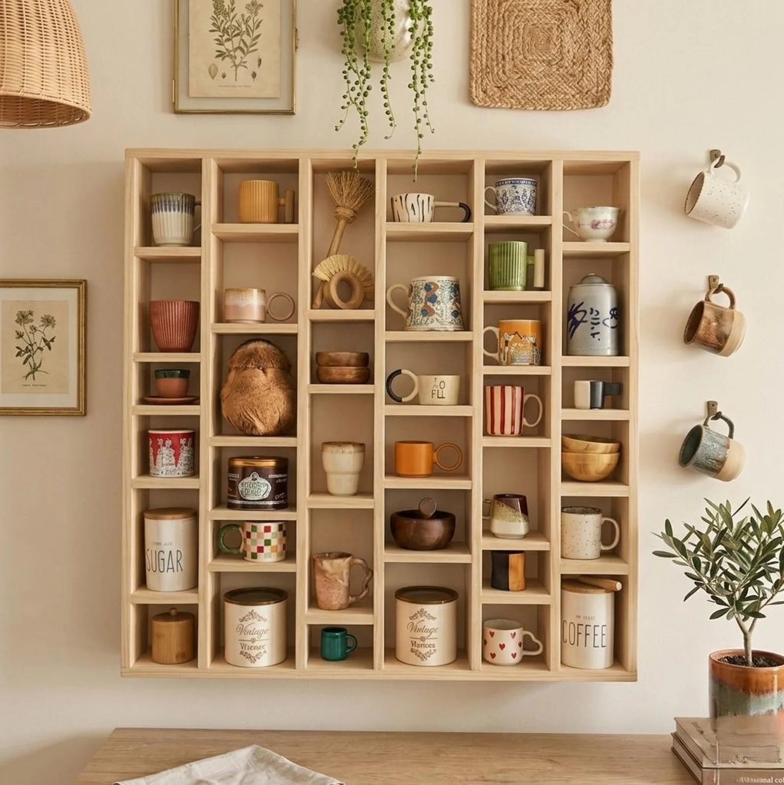 Wooden Mug Organizer Shelf – Coffee Bar Wall Storage Rack