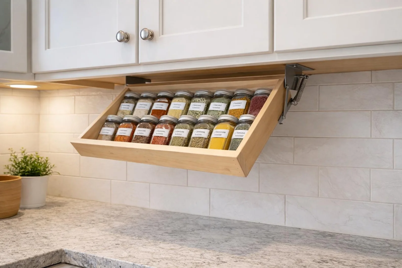 Spice Organization Fold-Down Wooden Rack – Outside Mount Cupboard Organizer