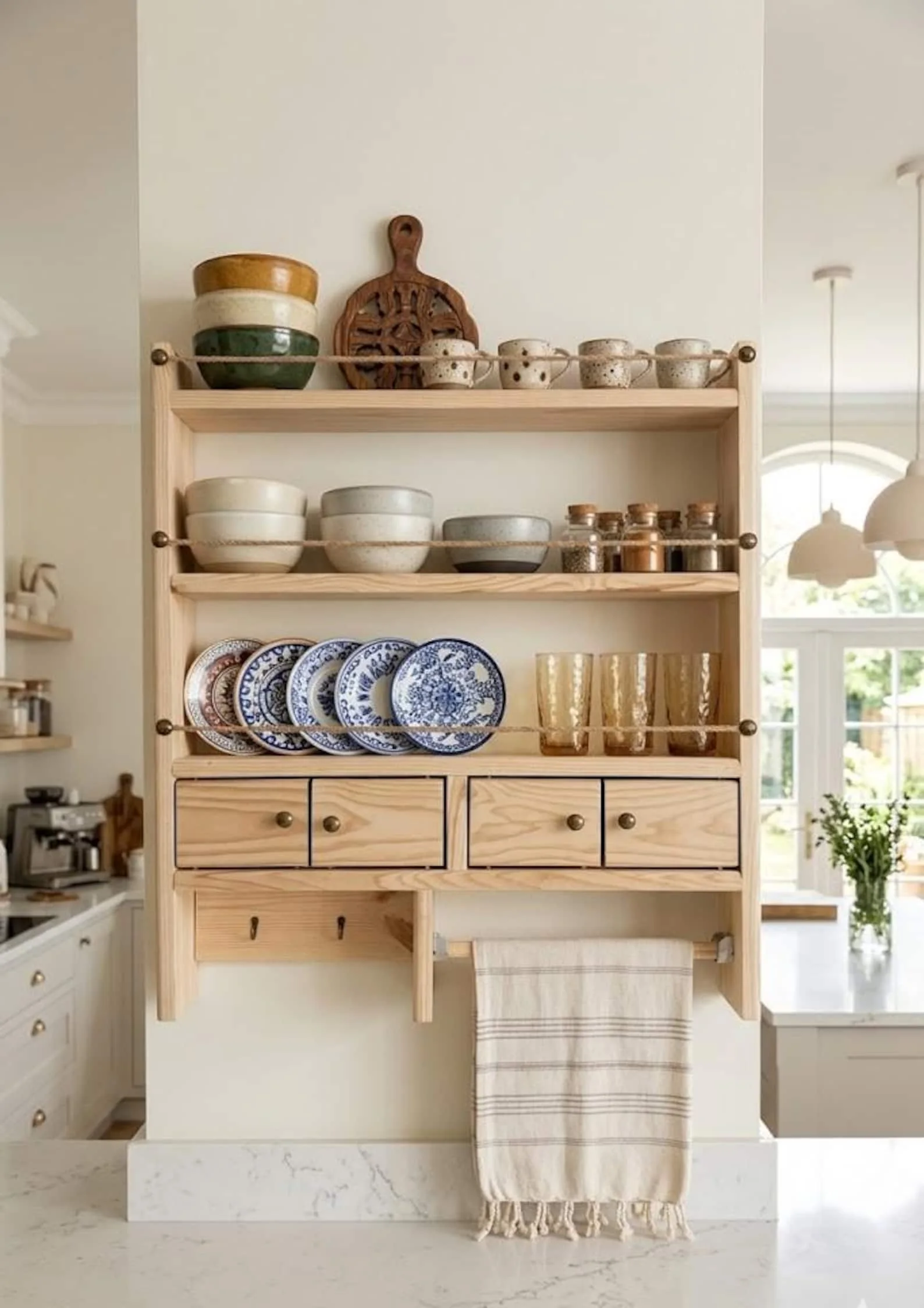 Farmhouse Spice Rack Wall Shelf with Drawers & Mug Holder