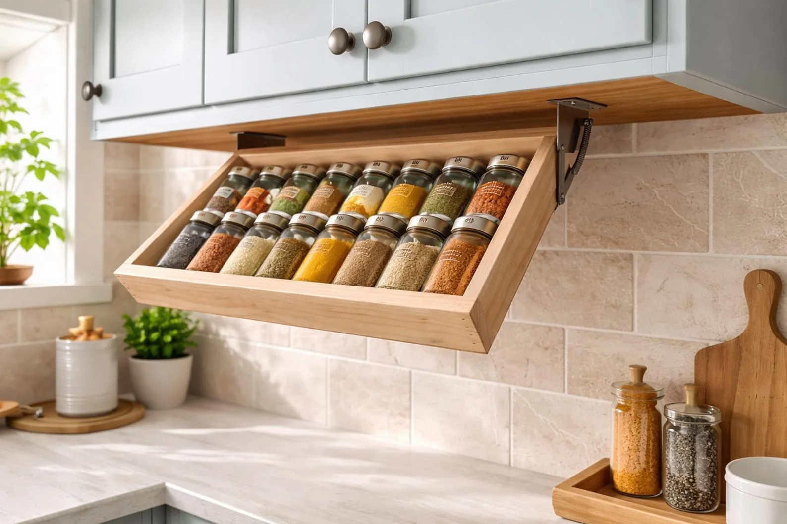 Spice Organization Fold-Down Wooden Rack – Outside Mount Cupboard Organizer