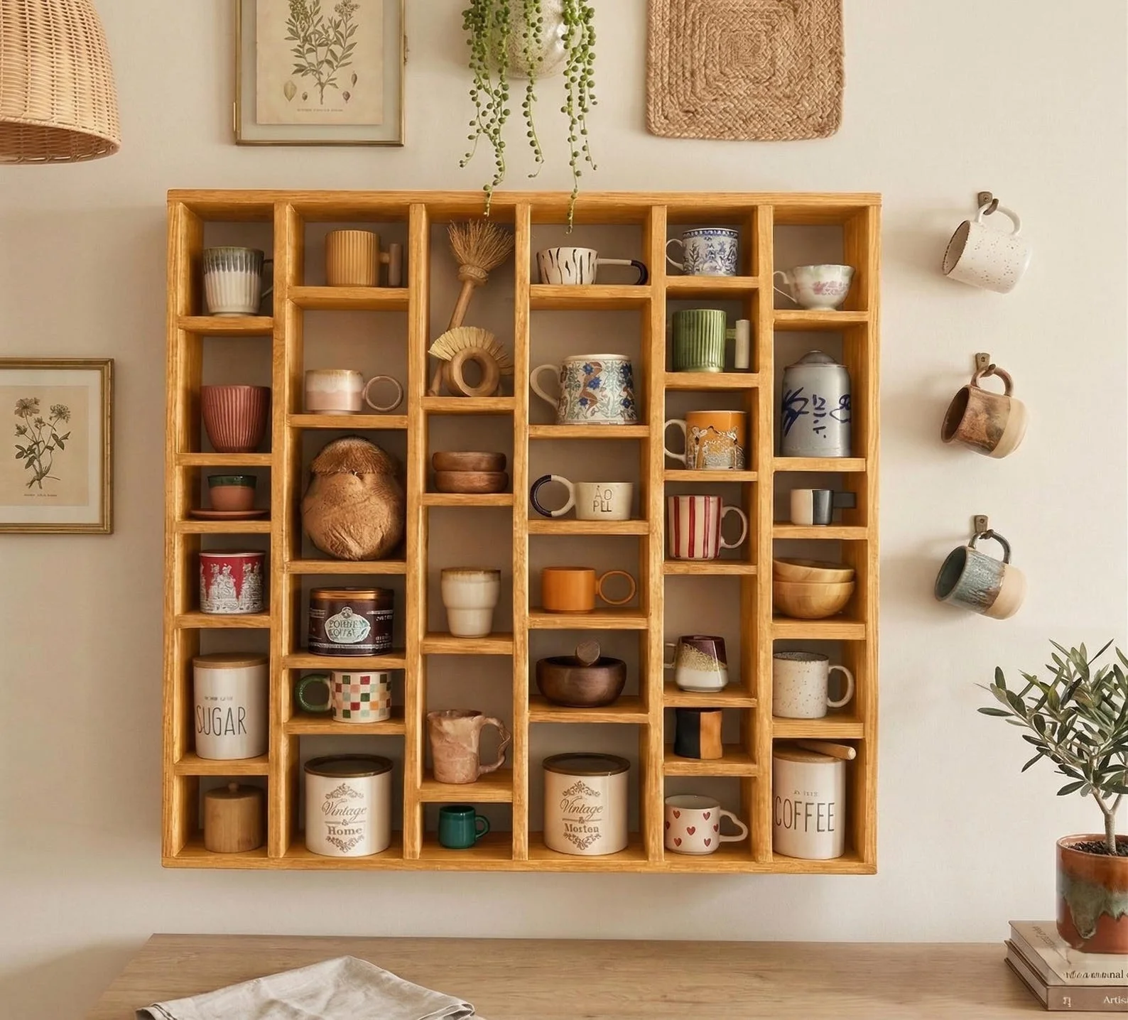 Wooden Mug Organizer Shelf – Coffee Bar Wall Storage Rack