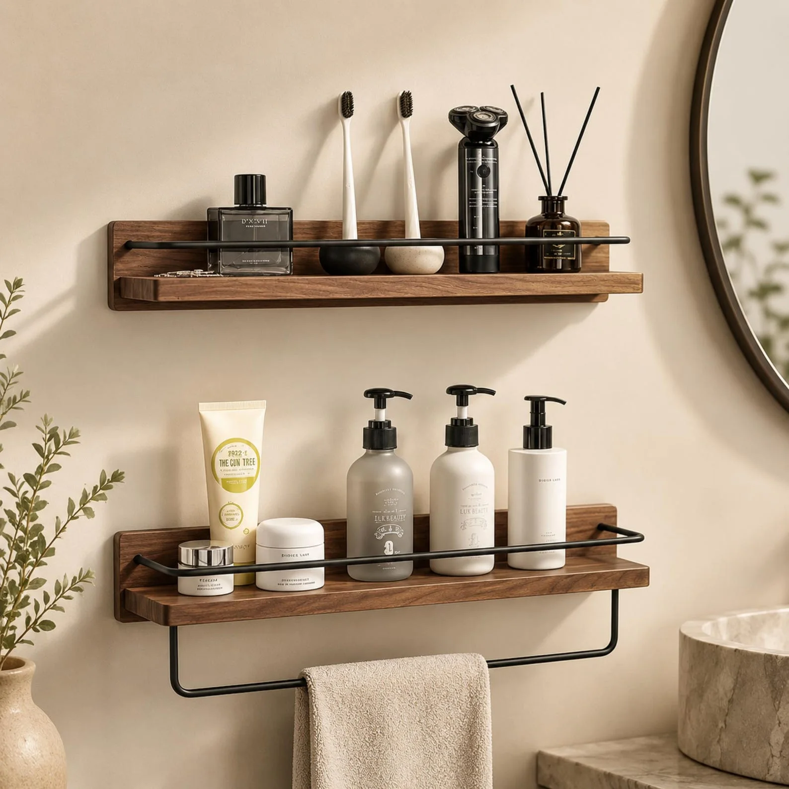 Walnut & Beech Wall-Mounted Shelf with Towel Bar