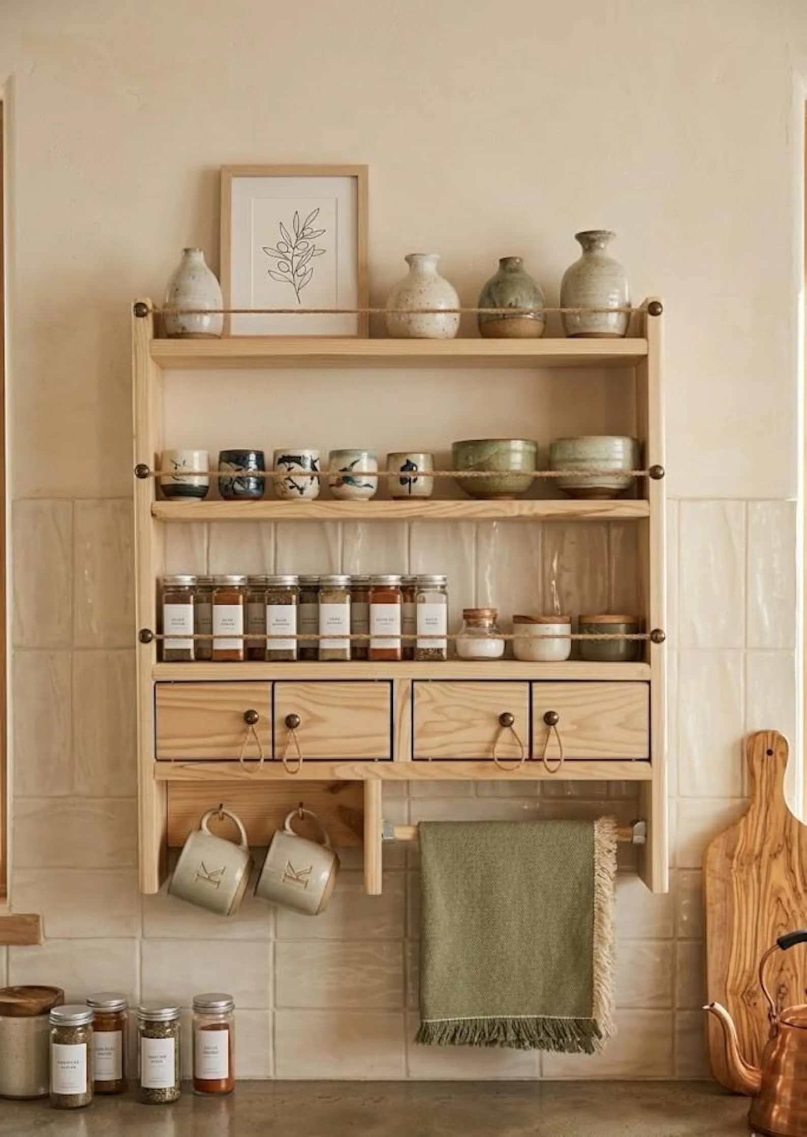 Farmhouse Spice Rack Wall Shelf with Drawers & Mug Holder