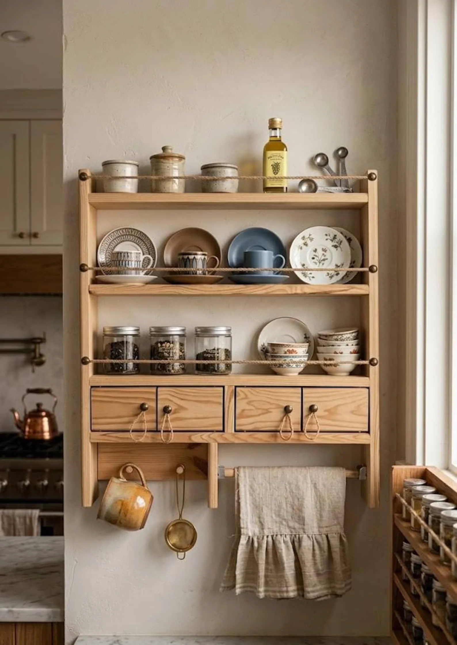 Farmhouse Spice Rack Wall Shelf with Drawers & Mug Holder