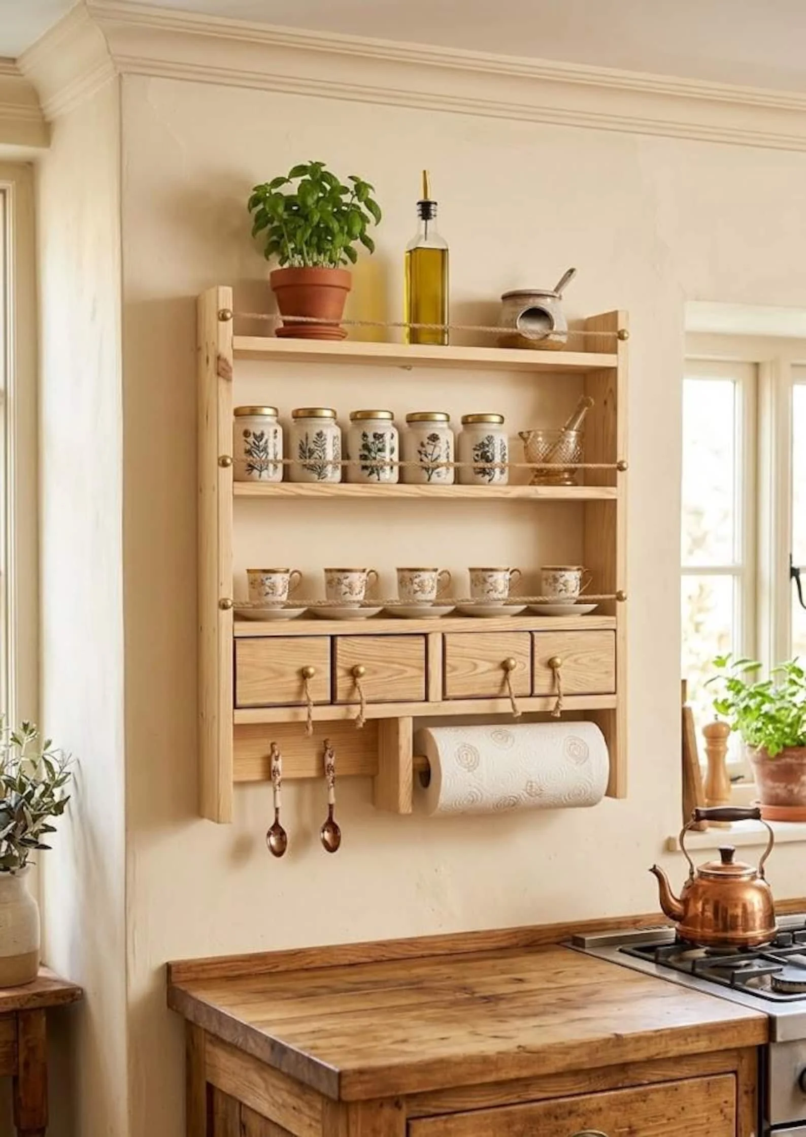 Farmhouse Spice Rack Wall Shelf with Drawers & Mug Holder