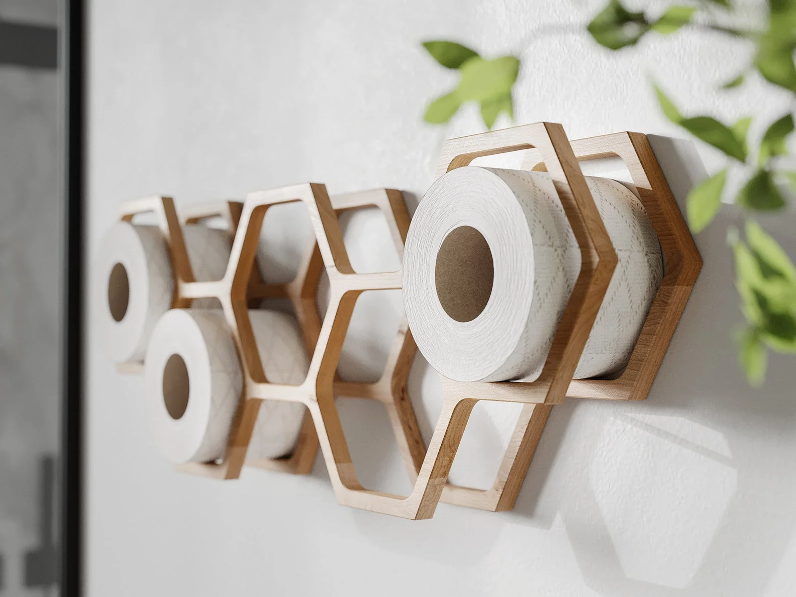 Honeycomb Wooden Toilet Paper Holder with Floating Storage Shelf