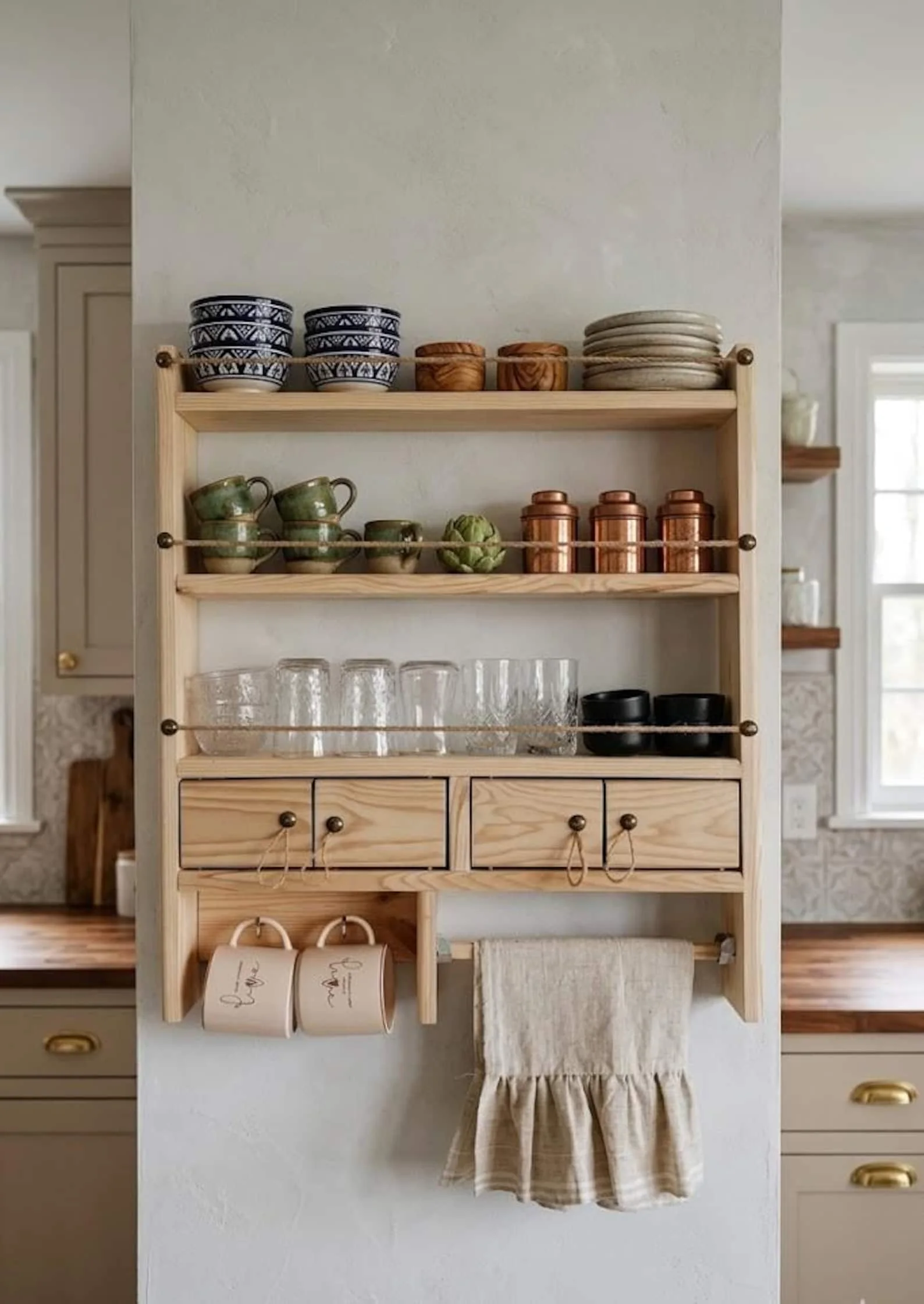 Farmhouse Spice Rack Wall Shelf with Drawers & Mug Holder