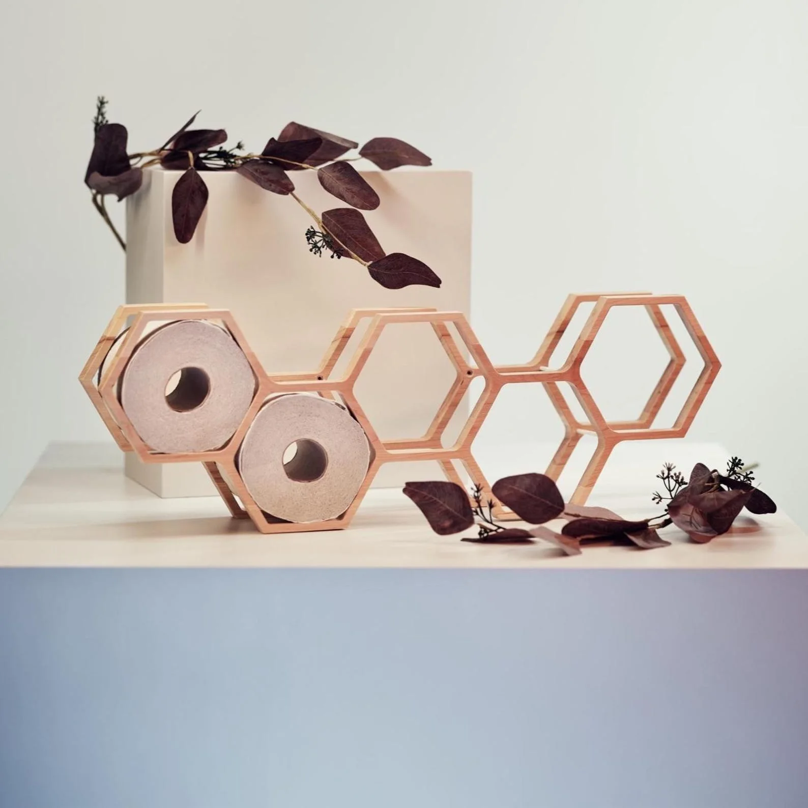 Honeycomb Wooden Toilet Paper Holder with Floating Storage Shelf