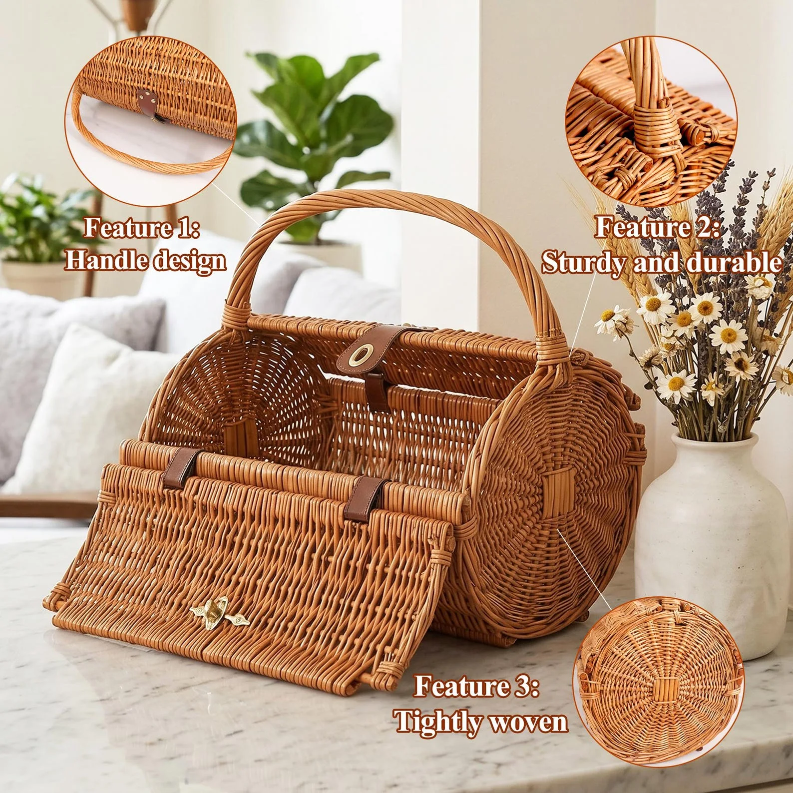 Handwoven Wicker Picnic Basket – Rustic Natural Storage Basket