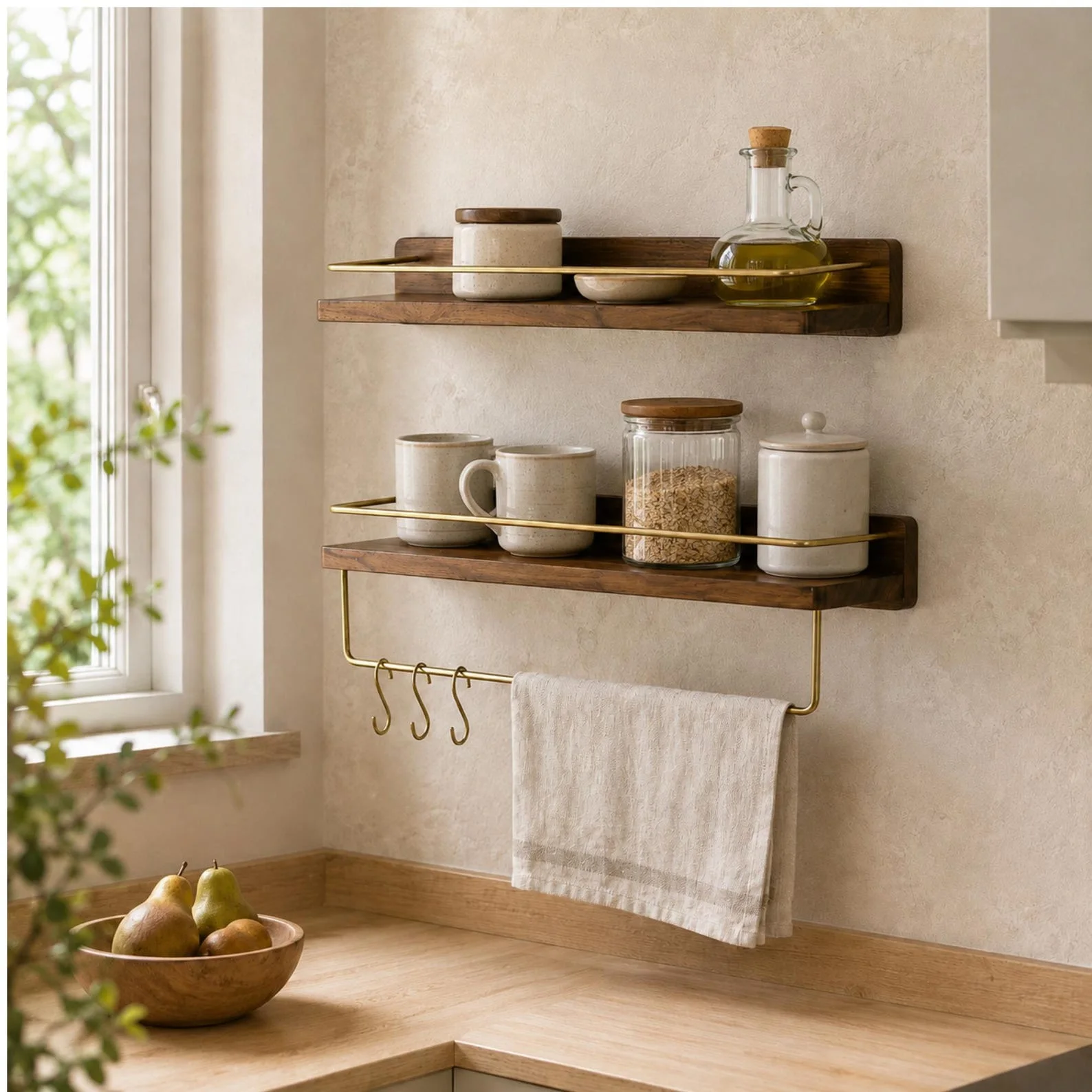 Walnut & Beech Wall-Mounted Shelf with Towel Bar