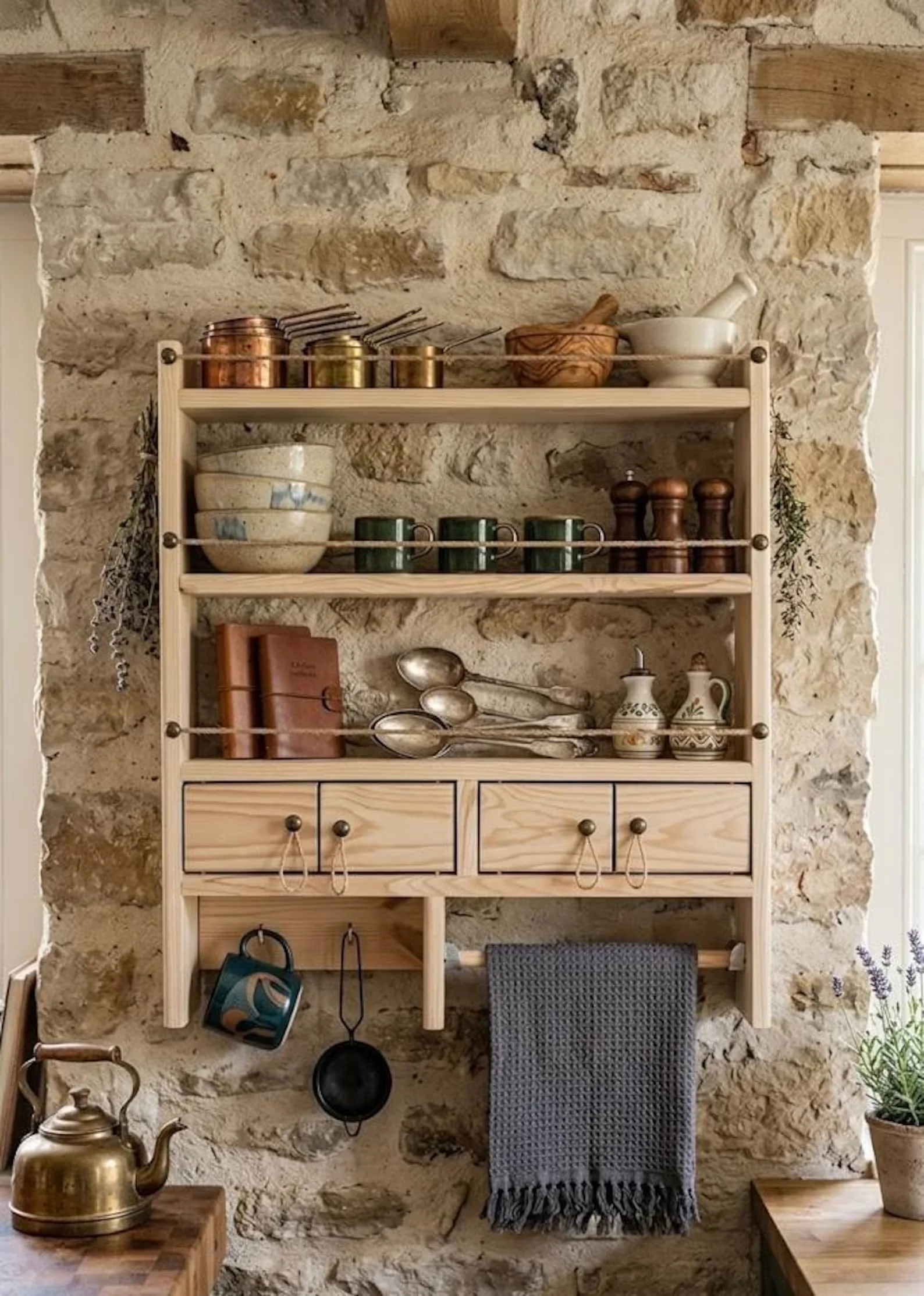 Farmhouse Spice Rack Wall Shelf with Drawers & Mug Holder