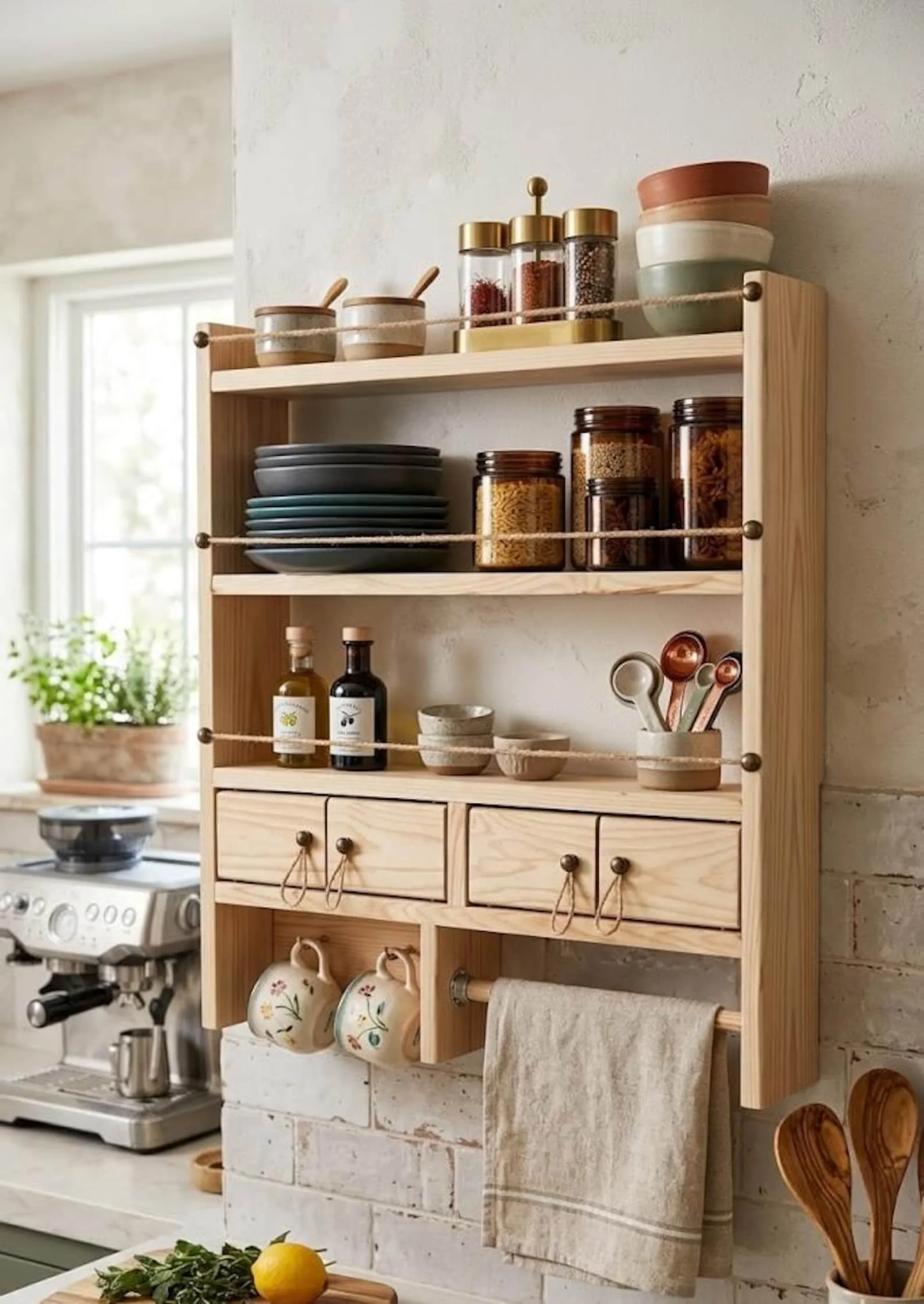 Farmhouse Spice Rack Wall Shelf with Drawers & Mug Holder
