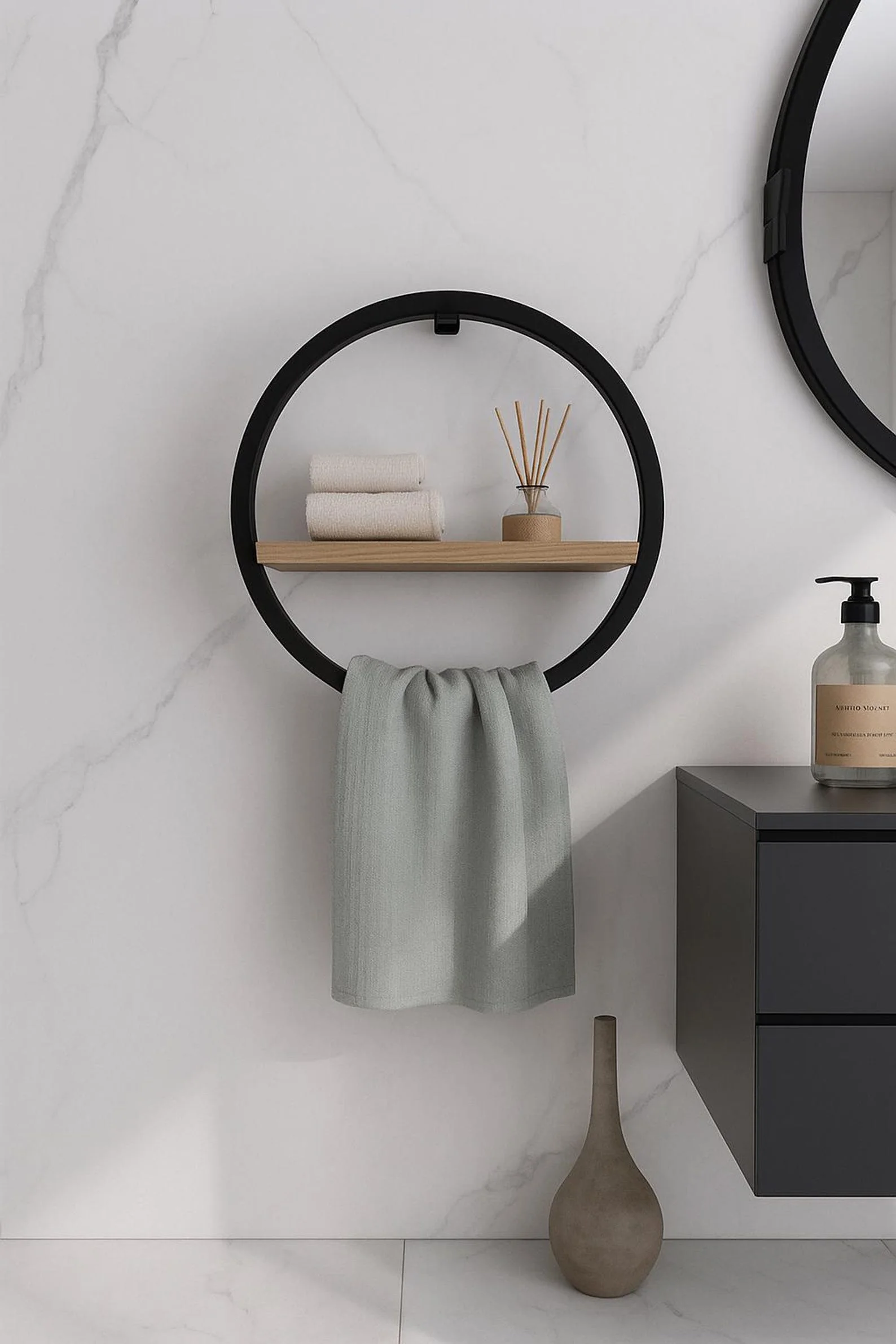 Round Wall-Mounted Towel Rack with Shelf – Modern Bathroom Organizer