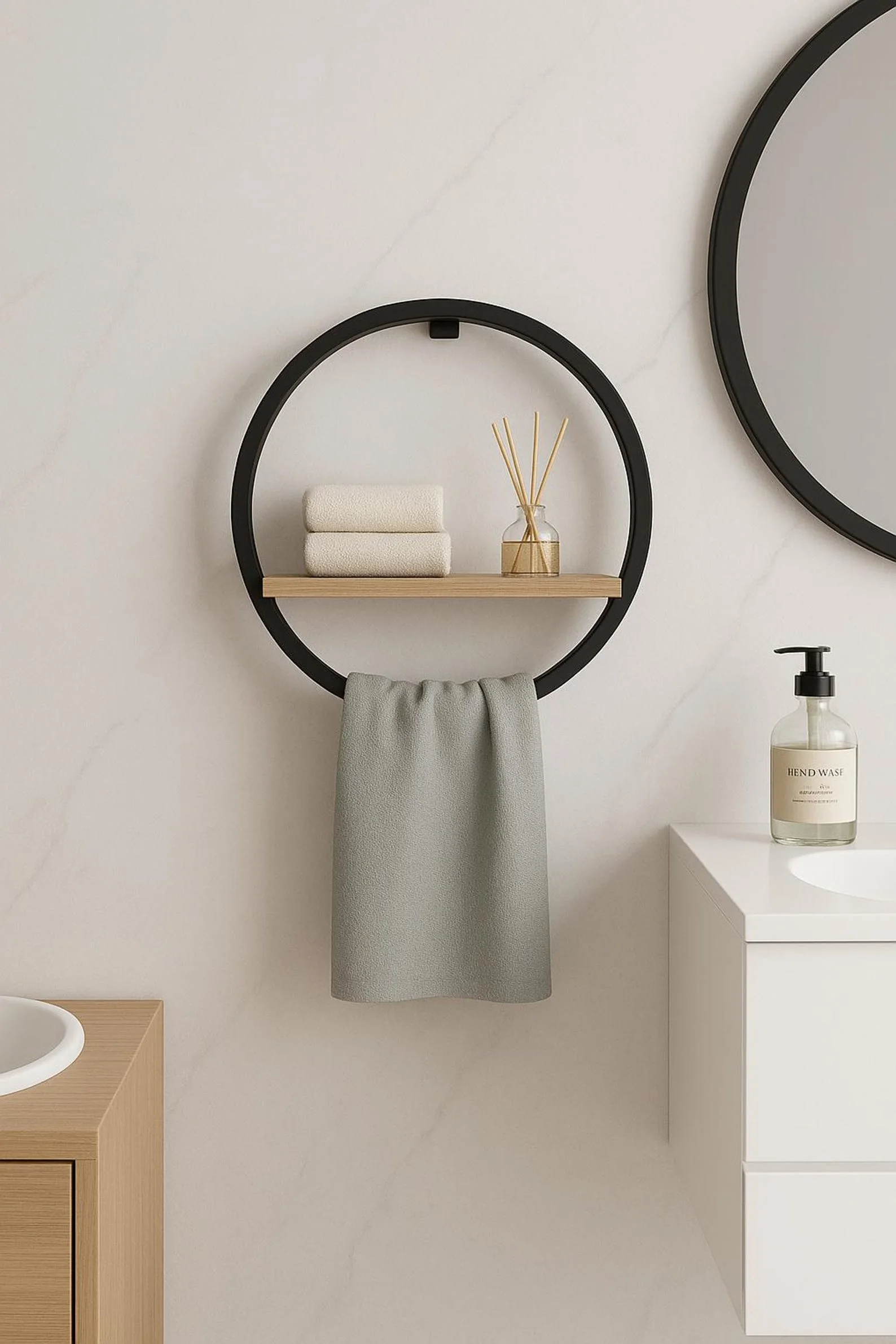 Round Wall-Mounted Towel Rack with Shelf – Modern Bathroom Organizer