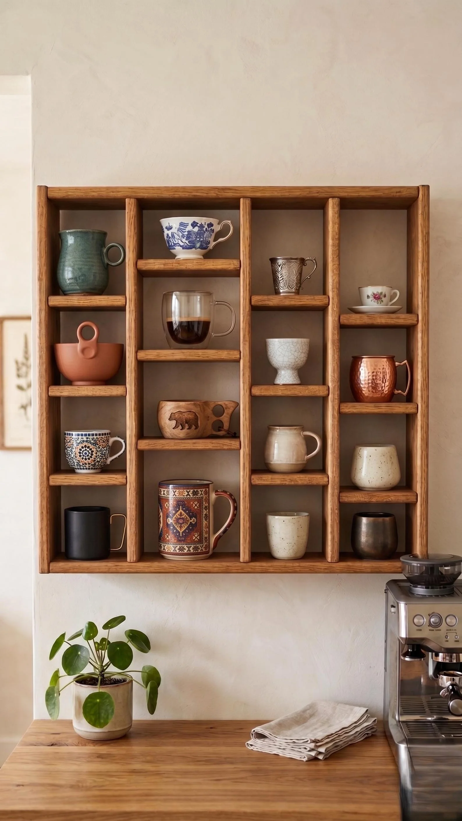 Wooden Mug Organizer Shelf – Coffee Bar Wall Storage Rack