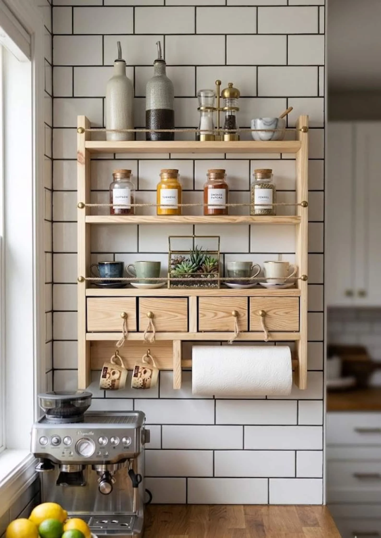 Farmhouse Spice Rack Wall Shelf with Drawers & Mug Holder