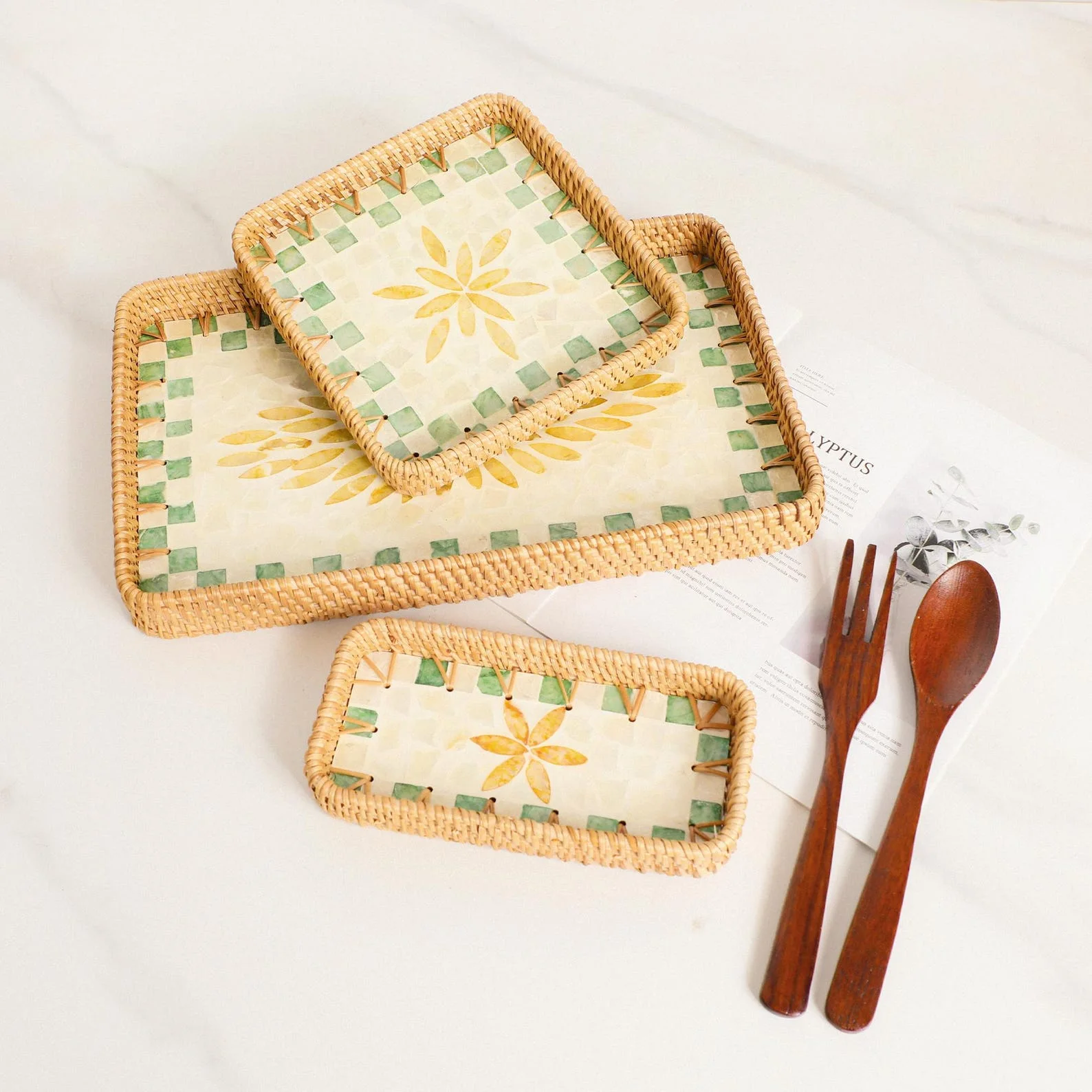 Hand-Woven Rattan & Seashell Round Decorative Tray