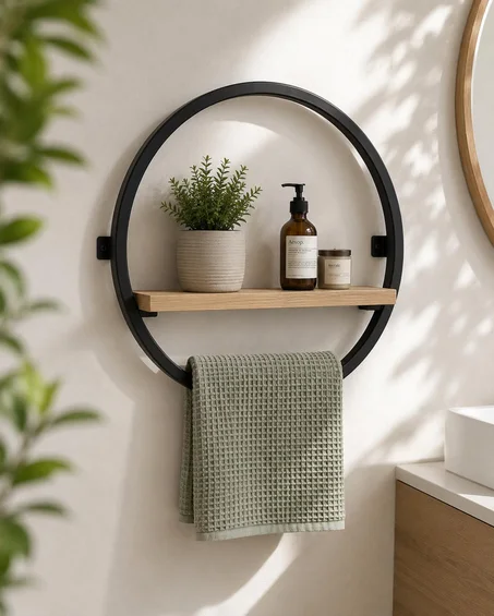 Round Wall-Mounted Towel Rack with Shelf – Modern Bathroom Organizer