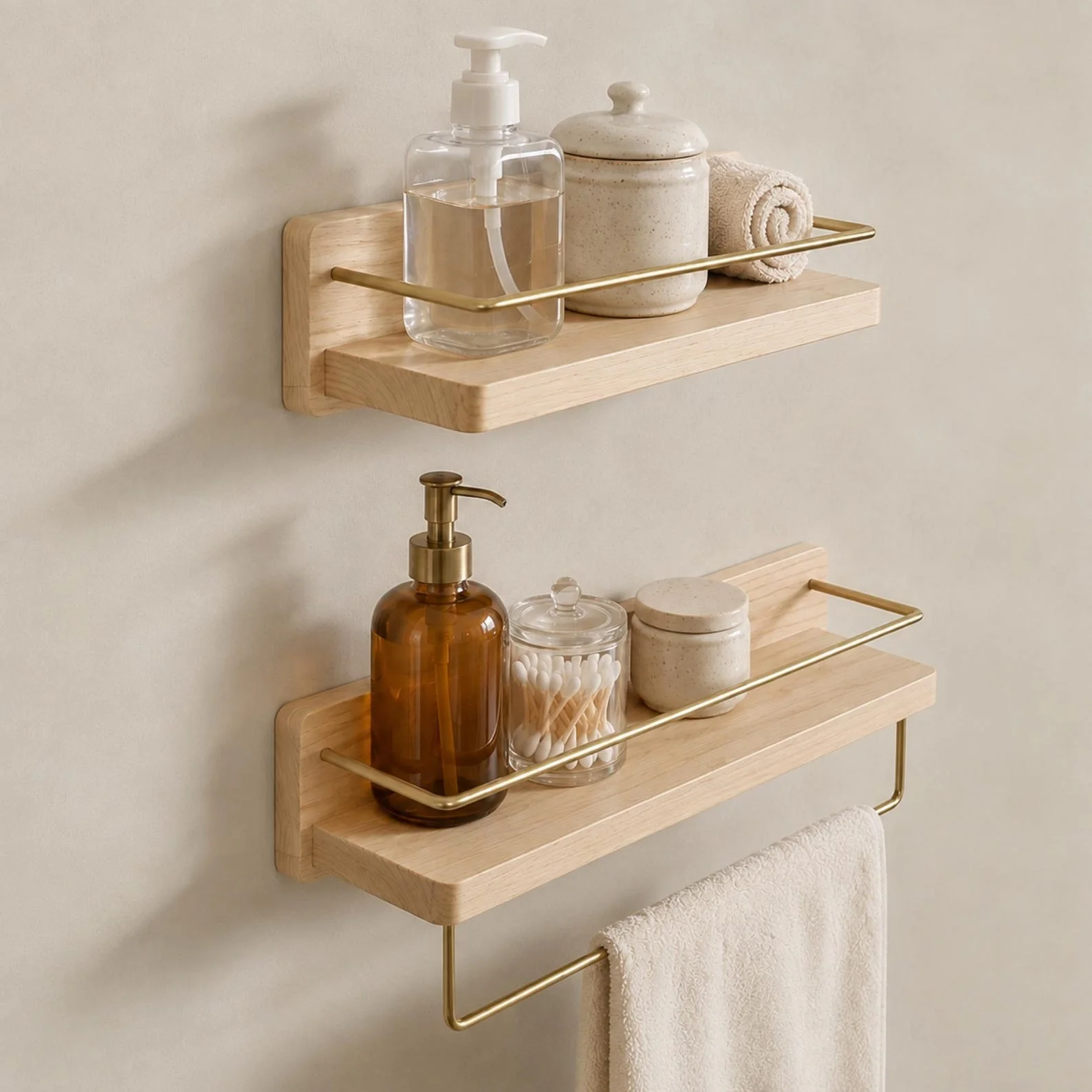 Walnut & Beech Wall-Mounted Shelf with Towel Bar