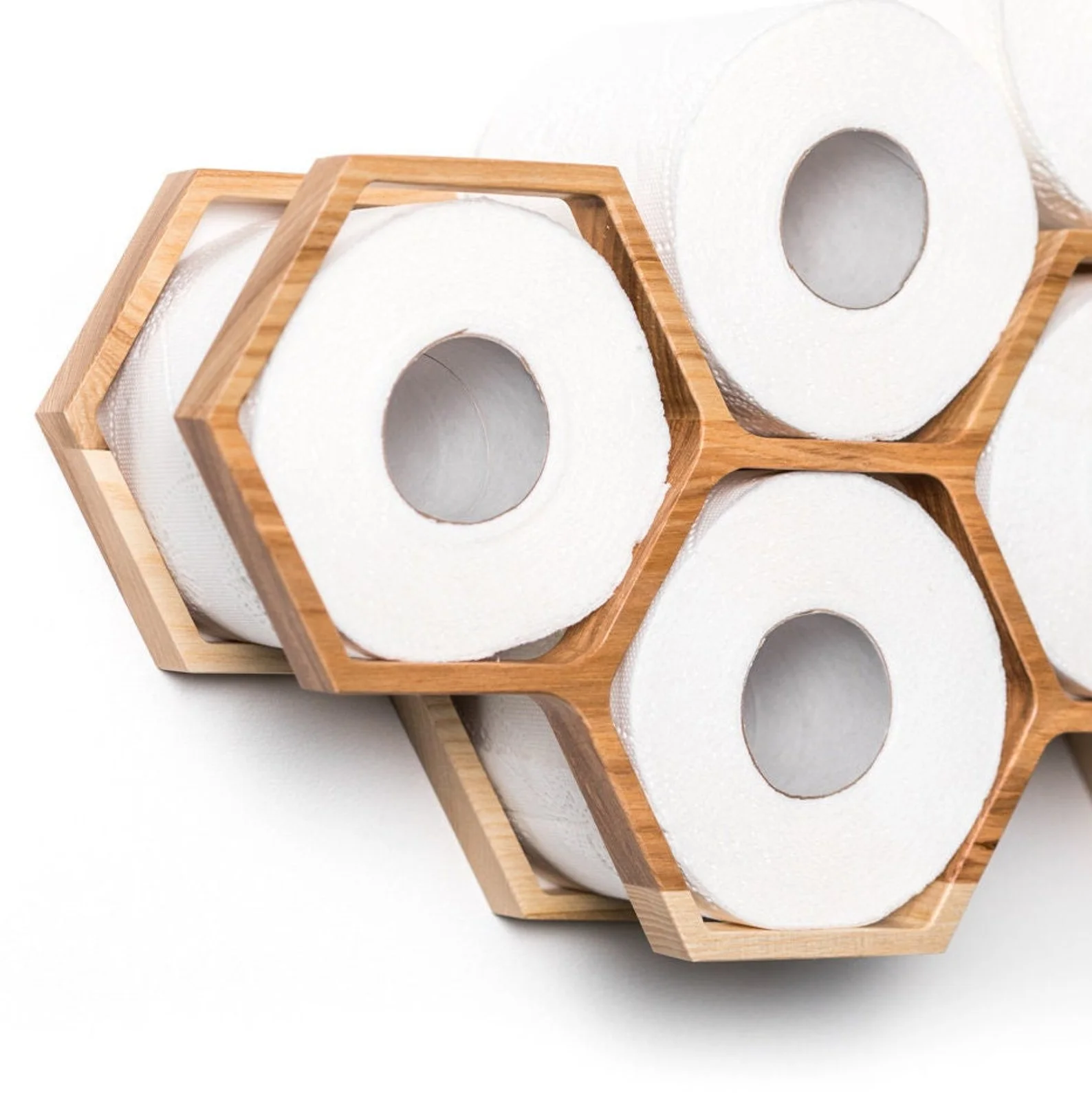 Honeycomb Wooden Toilet Paper Holder with Floating Storage Shelf