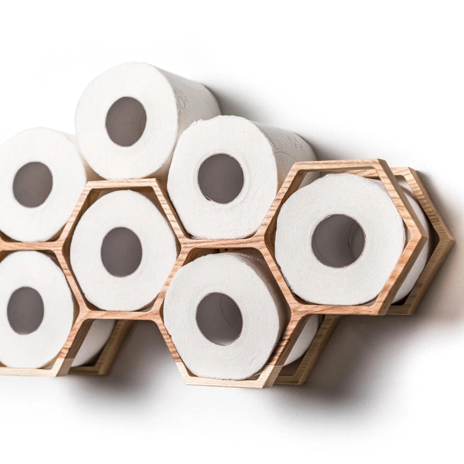 Honeycomb Wooden Toilet Paper Holder with Floating Storage Shelf