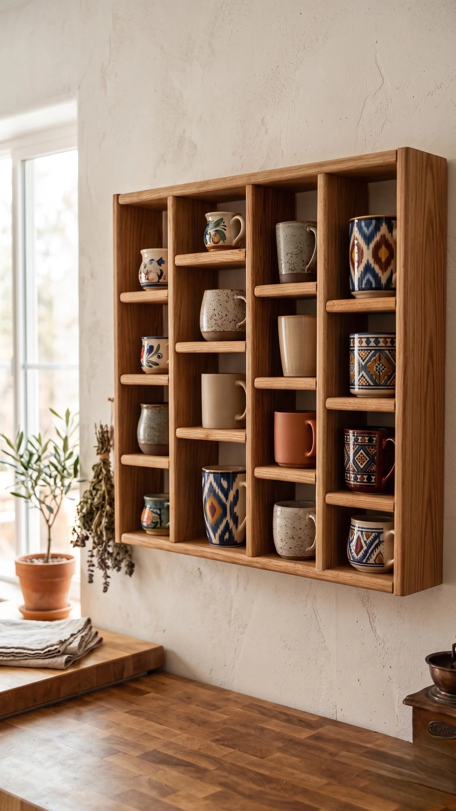 Wooden Mug Organizer Shelf – Coffee Bar Wall Storage Rack