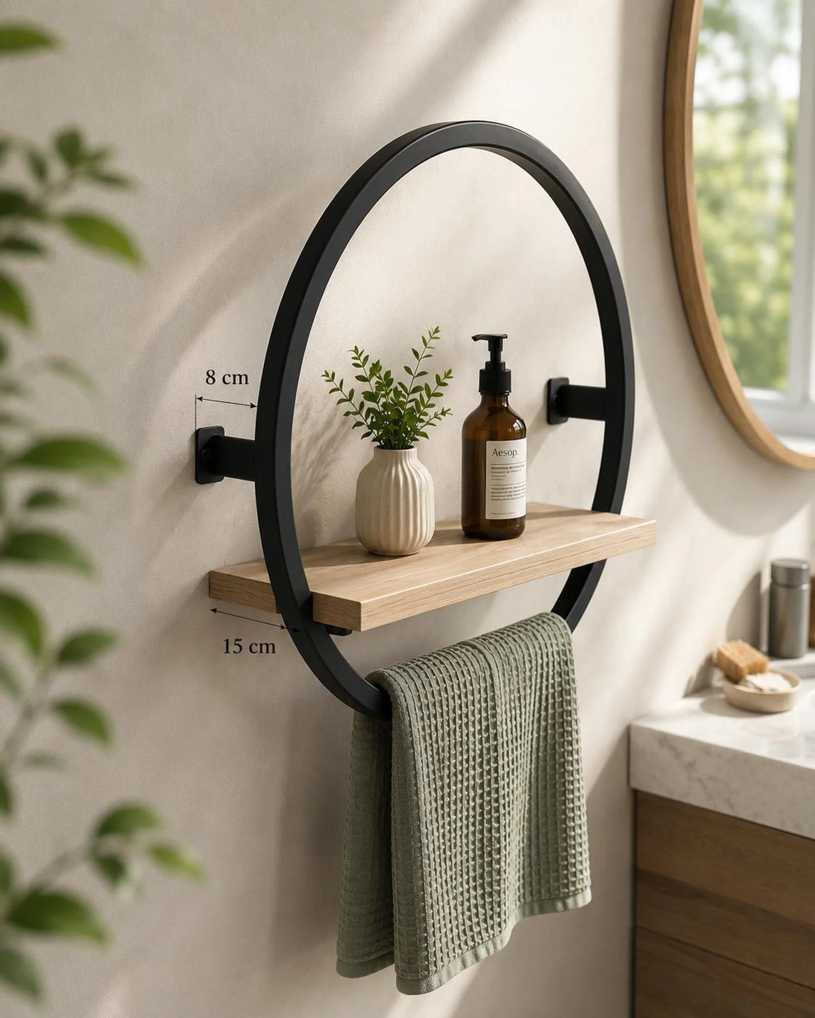 Round Wall-Mounted Towel Rack with Shelf – Modern Bathroom Organizer