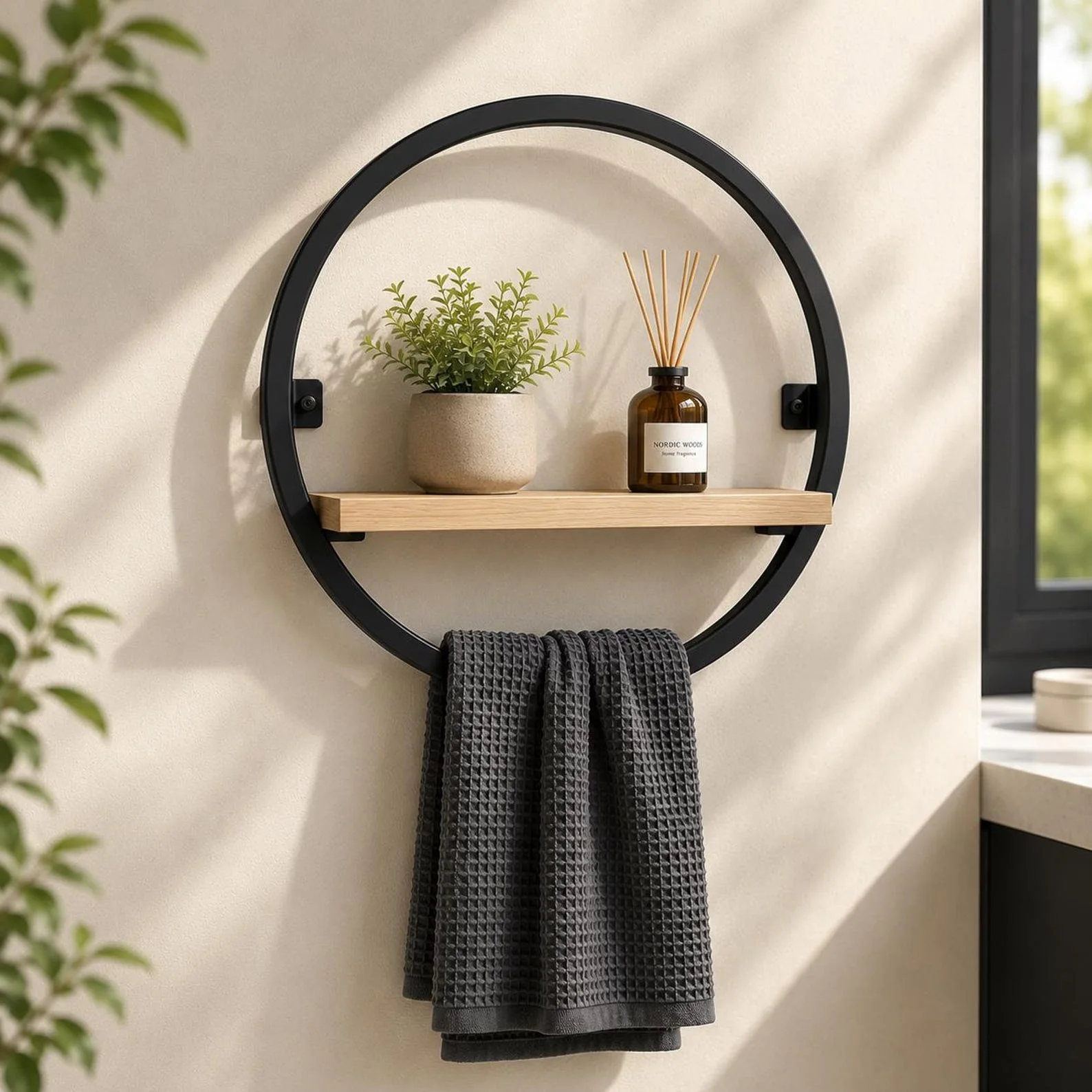Round Wall-Mounted Towel Rack with Shelf – Modern Bathroom Organizer
