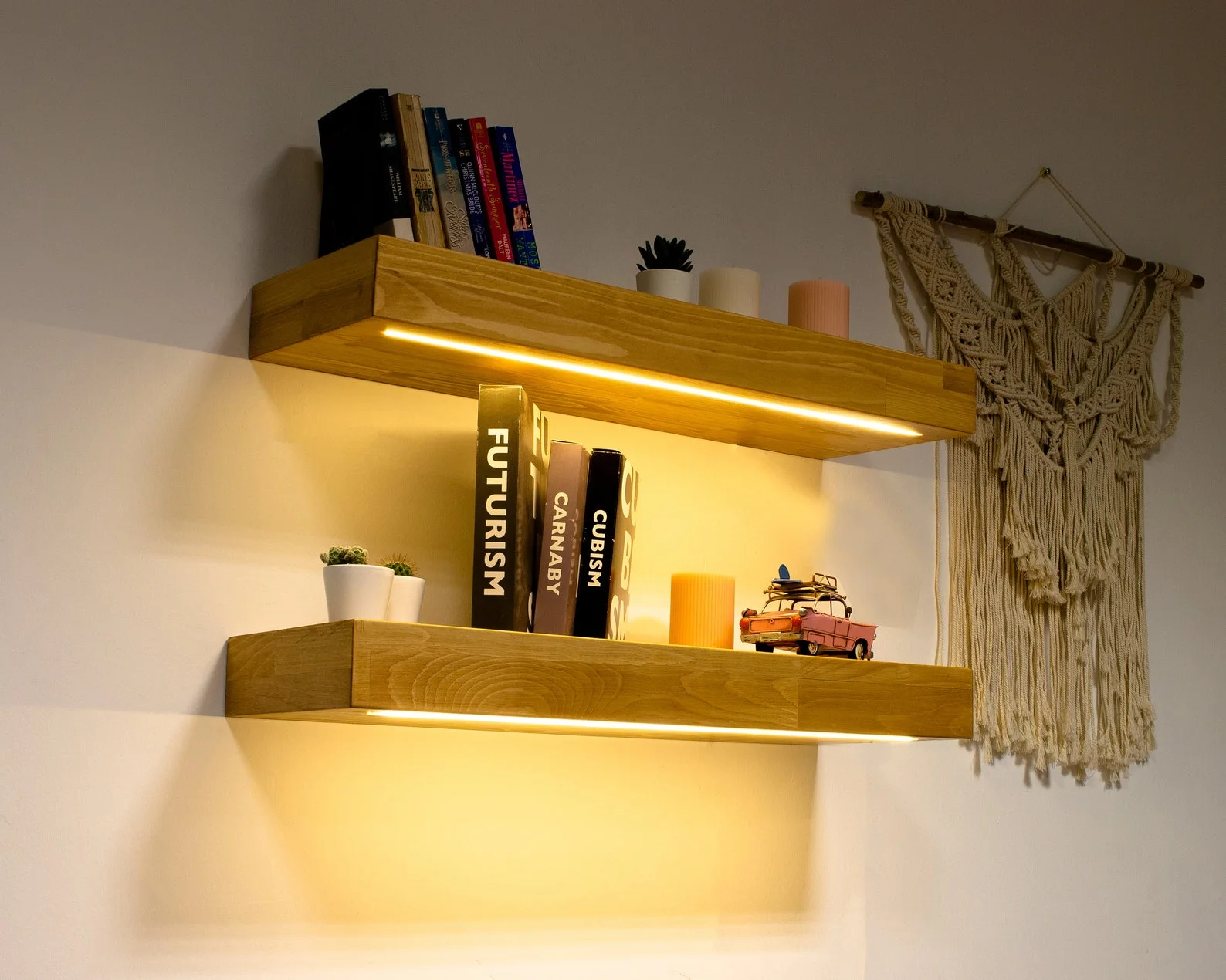 Floating Wooden Wall Shelf with LED Lights